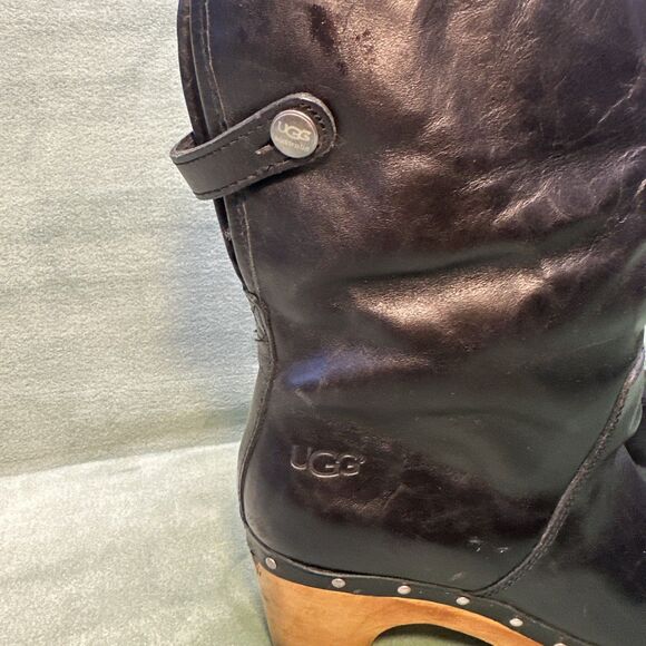 UGG Boots Womens Size 8 Y2K Black Leather Wood Heel Shearling Lined Studded Clog - Picture 3 of 9
